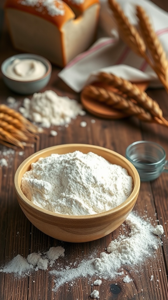 Homemade Bread Flour Recipe A bowl of homemade bread flour with a measuring cup and freshly baked bread in the background on a rustic table.